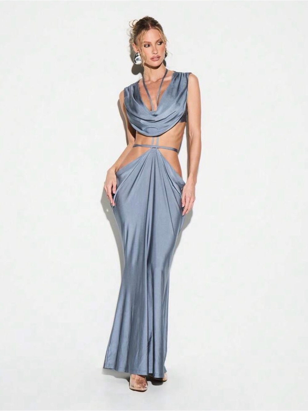 Satin Cowl Neck Cutout Evening Dress in Steel Blue